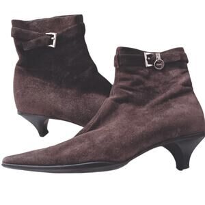 Y2K Vintage PRADA Kitten Heel Suede Boots 37 6.5 Square Toe Brown 2000's Buckle
